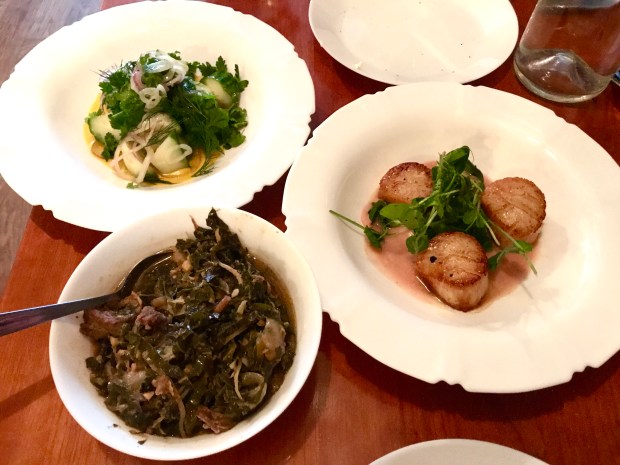 Sally’s Middle Name housemade bread and butter, the cucumber salad, the braised collard greens with Szechuan pork and the seared scallops