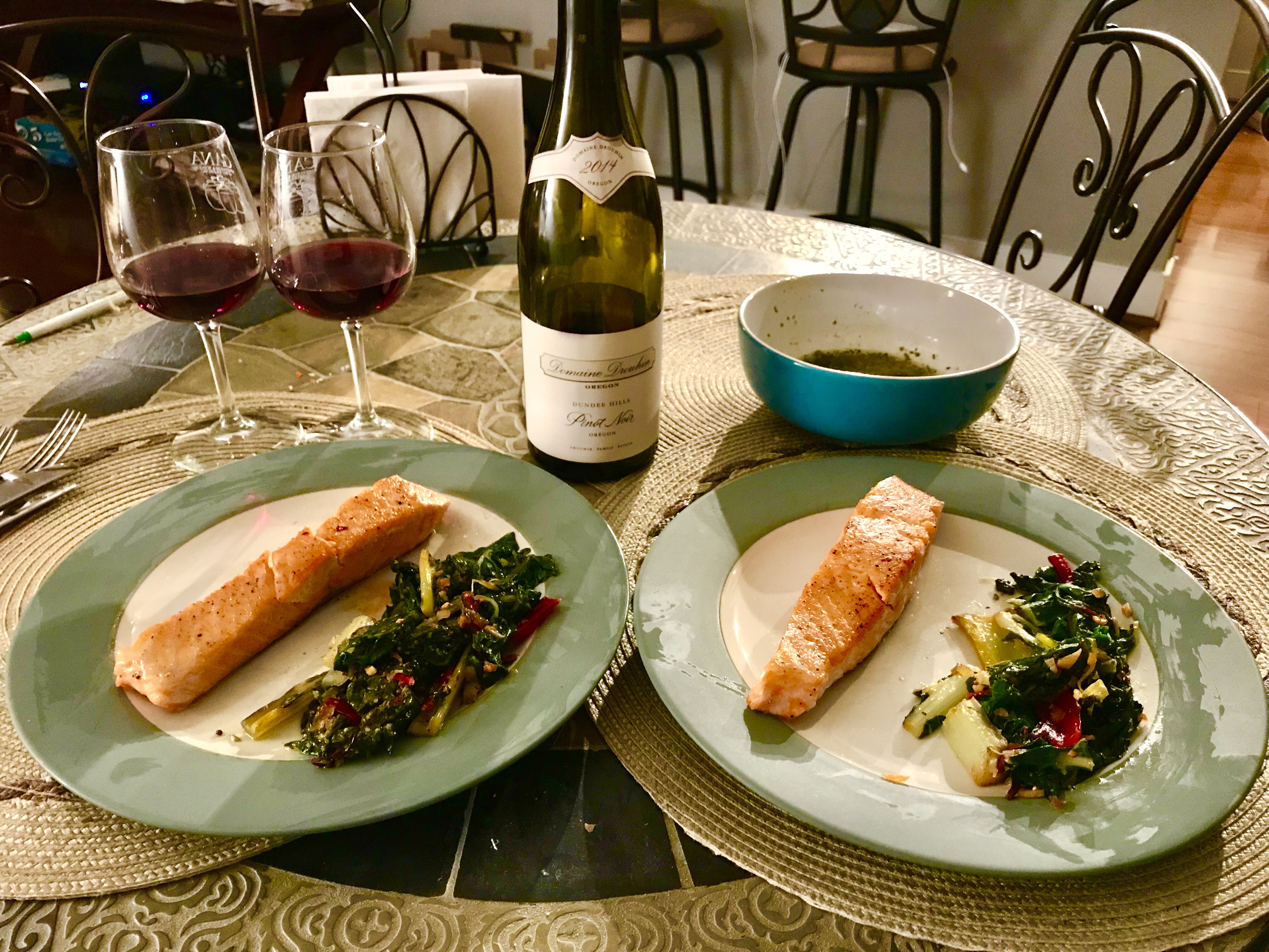 Homemade Crispy Salmon with Wilted Chard and Oregon Pinot Noir