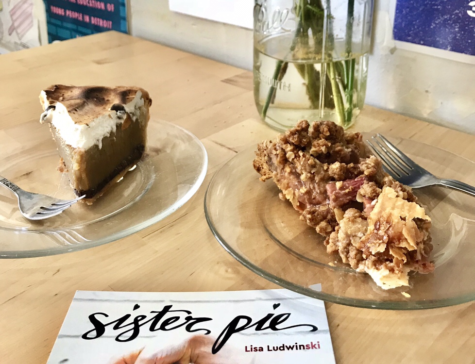 Eating a marshmallow butterscotch pie and sweet strawberry rhubarb pie at the Sister Pie shop in Detroit
