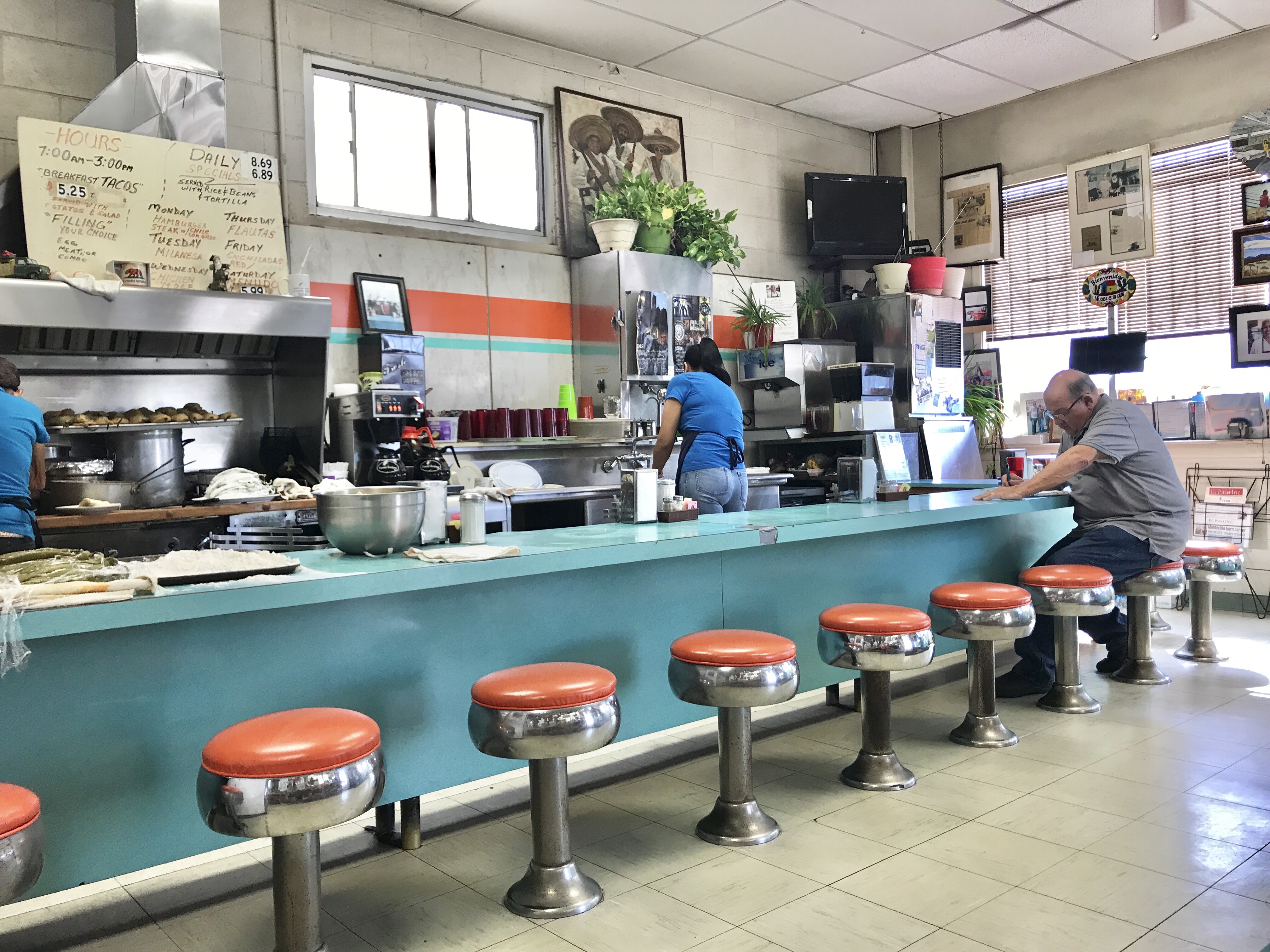Eating breakfast at H&H Car Wash in El Paso, Texas