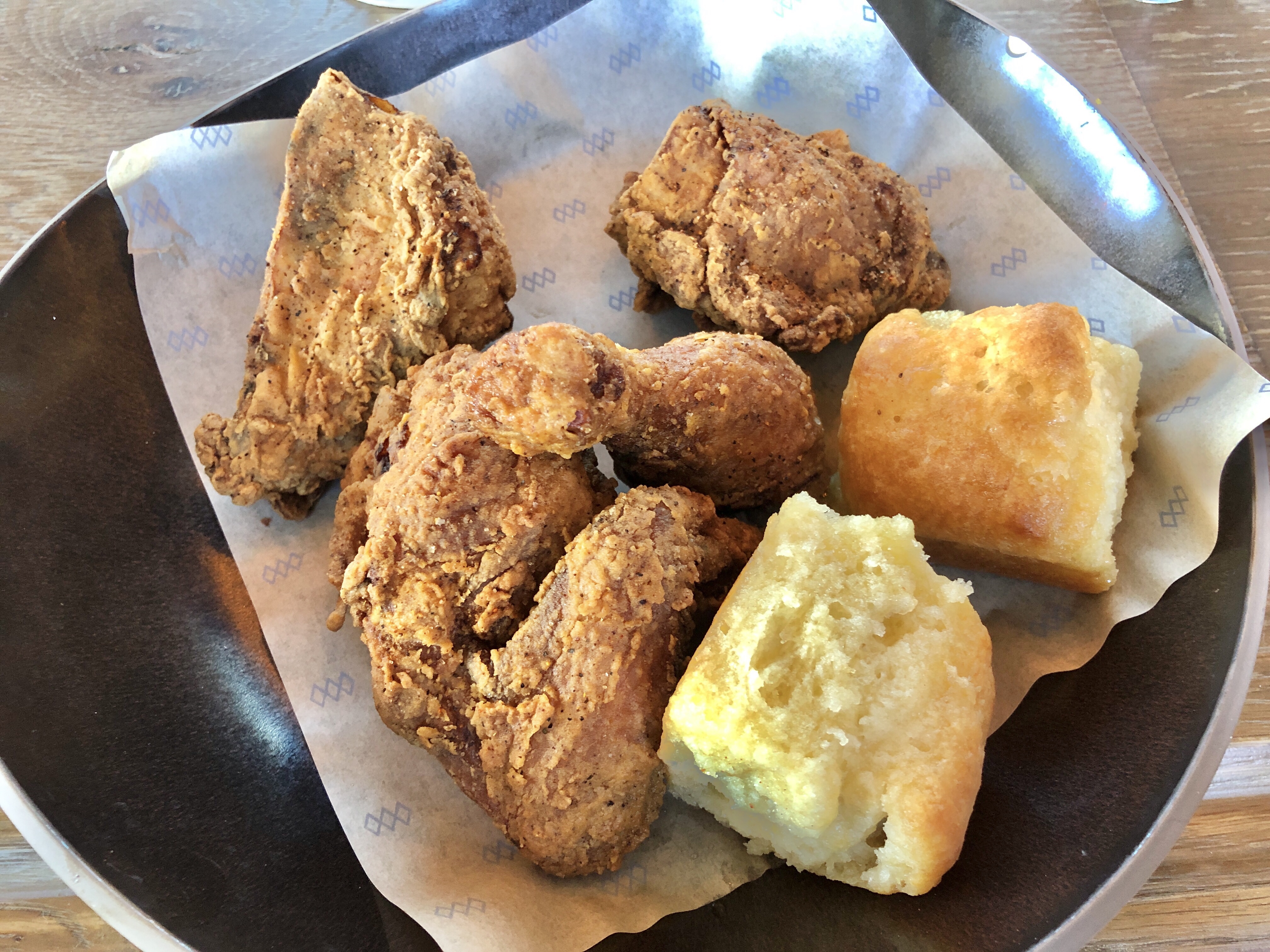 Southern-style fried chicken with honey-butter biscuits at Rye Street Tavern in Port Covington, Baltimore, Maryland